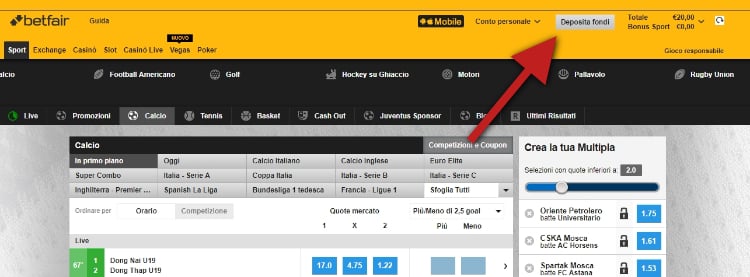 secondo passaggio per accedere allo streaming sul sito betfair