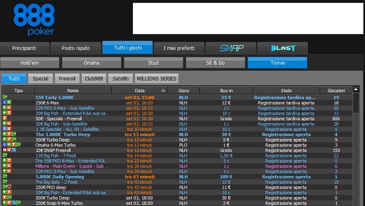 lista dei tornei nell'interfaccia 888poker su desktop