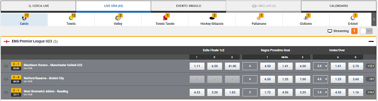 panoramica della sezione scommesse live su sisal