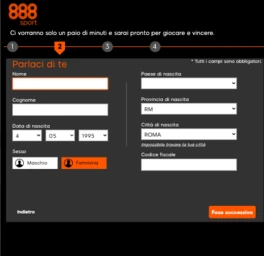 secondo step per registrarsi su 888sport