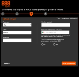 terzo step per registrarsi su 888sport