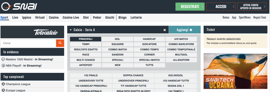 la home page di snai