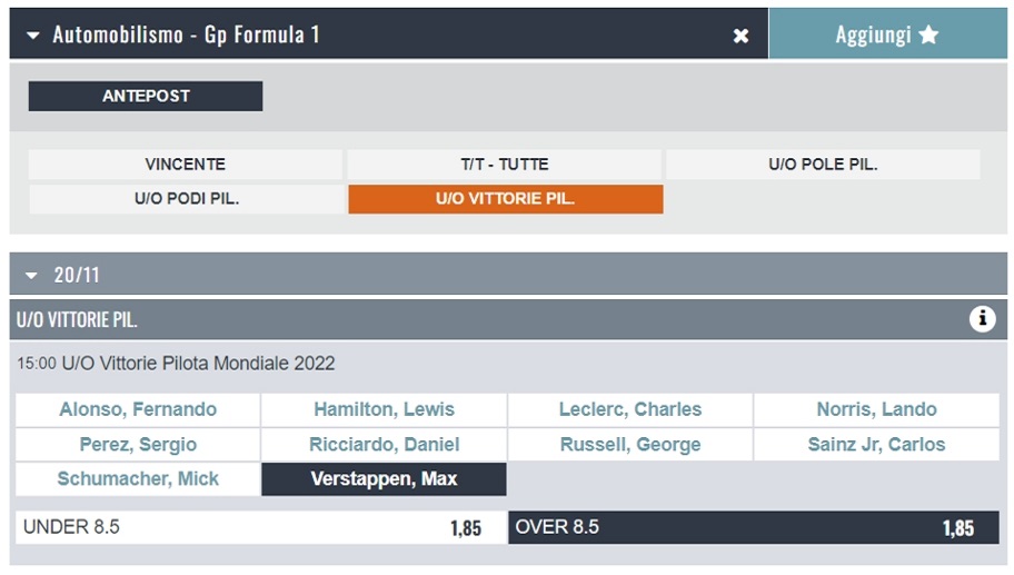 scommesse f1 snai under/over