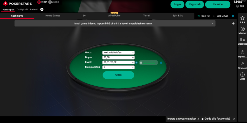 Schermata lobby poker Pokerstars