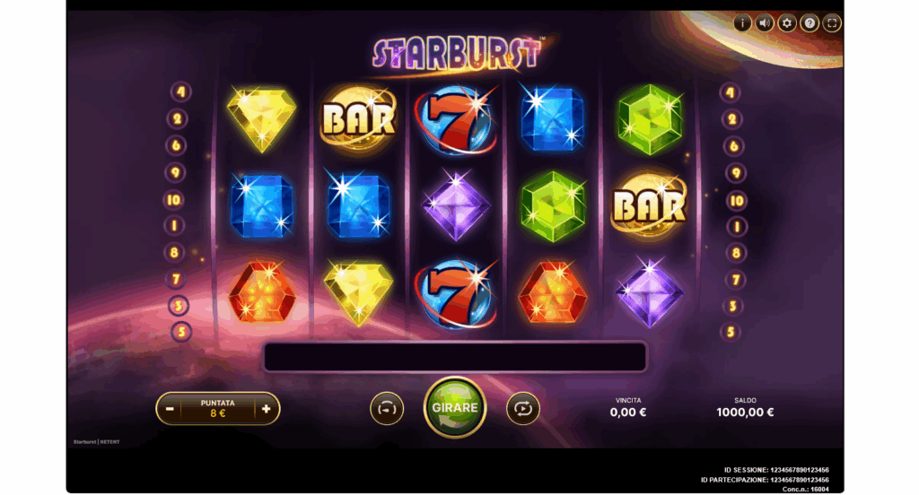 Screenshot test reale - slot Starburst - prova reale Scommesse.io