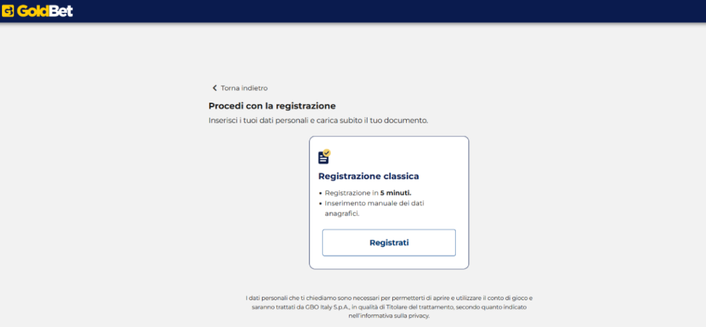 Registrazione classica GoldBet