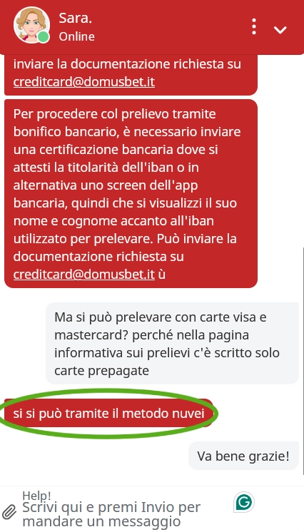 Screenshot live chat Domusbet
