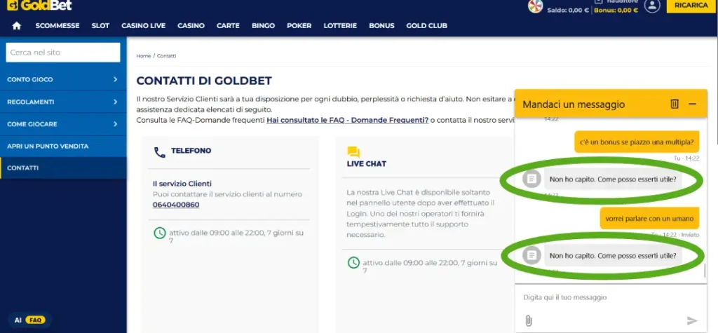 Screenshot live chat Goldbet
