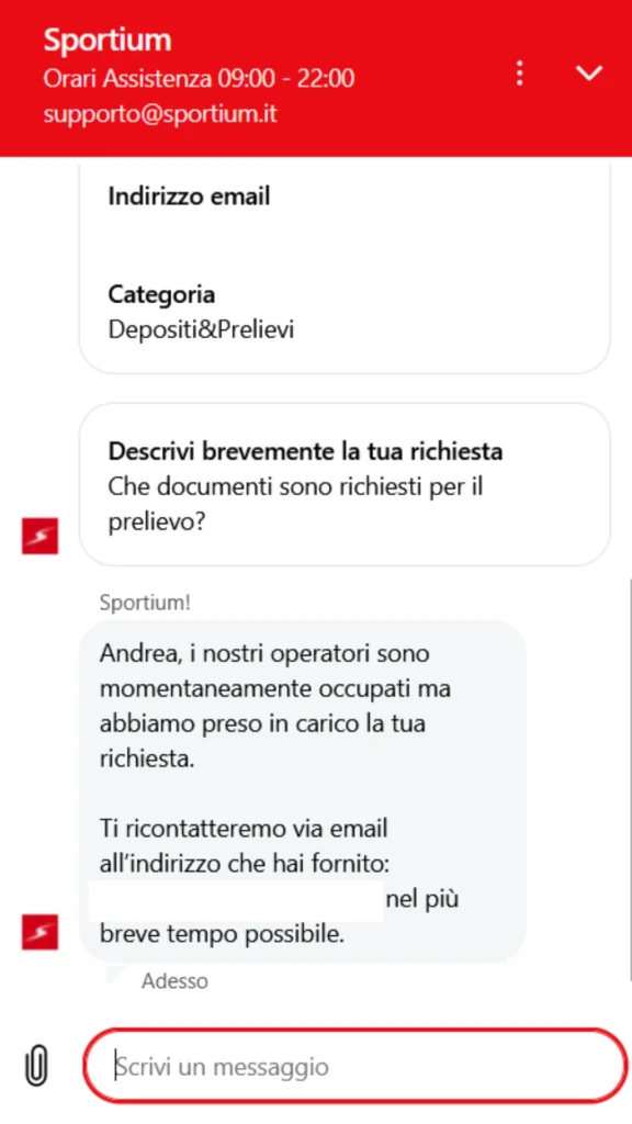 Screenshot live chat Sportium