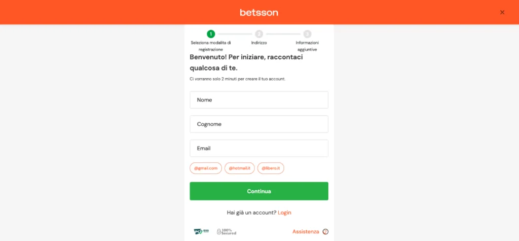 screenshot registrazione betsson