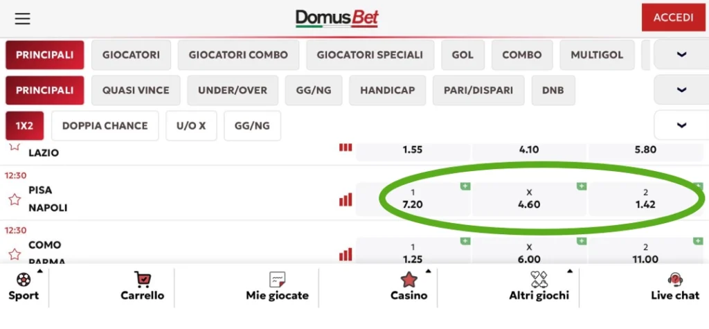 Screenshot scommesse Domusbet