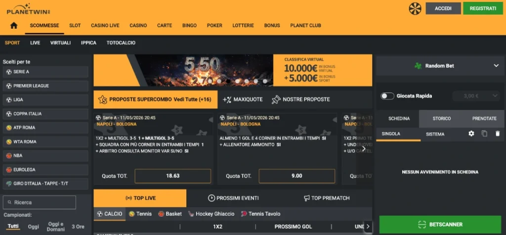 screenshot sezione scommesse planetwin
