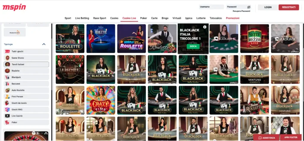 screenshot tavoli italiani casino marathonbet