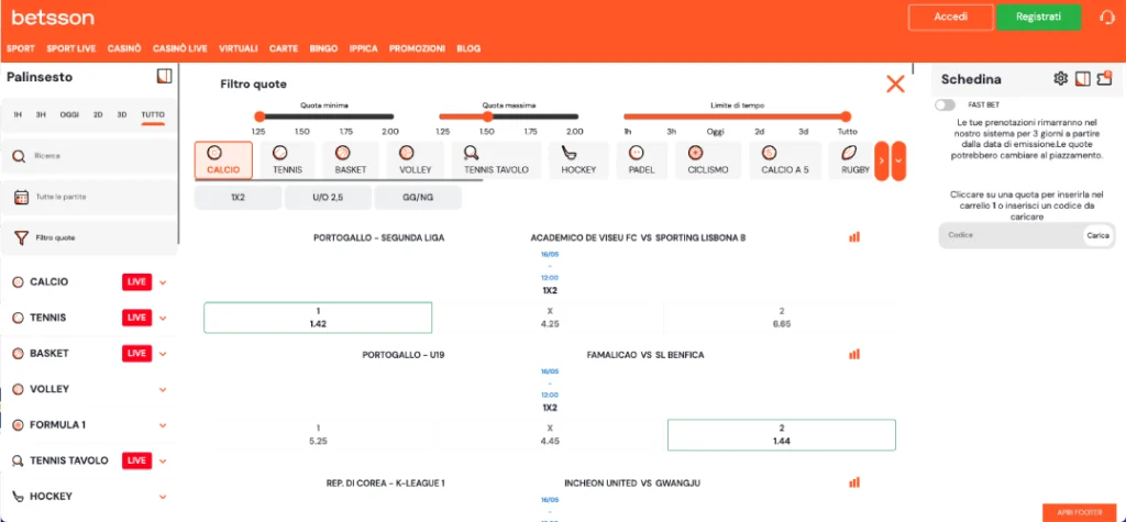 screenshots filtro quote sezione scommesse betsson