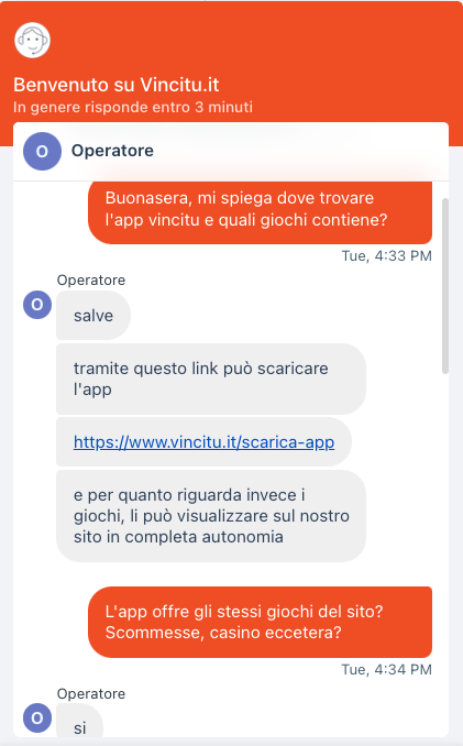 chat con assistenza clienti vincitu