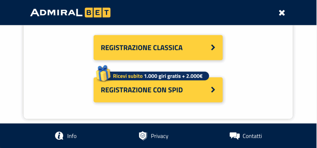 Registrazione AdmiralBet classica e SPID