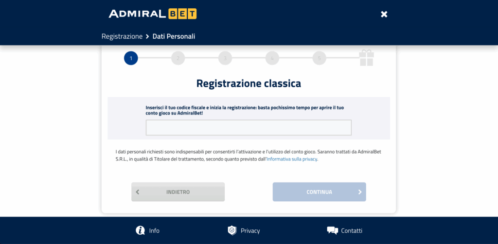 Panoramica step registrazione manuale su AdmiralBet