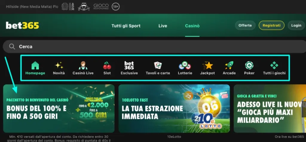 Sezione casin&ograve; Bet365