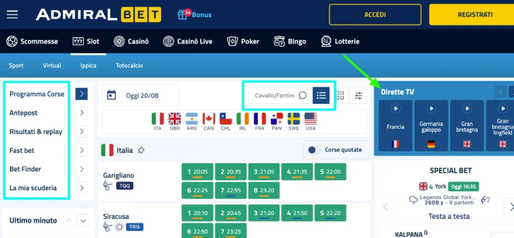 Funzioni ippica AdmiralBet: bet finder, fast bet, risultati