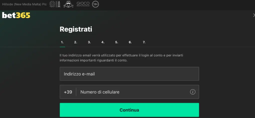 Registrazione su Bet365 procedura