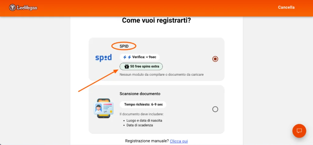 registrazione manuale e spid al sito leovegas
