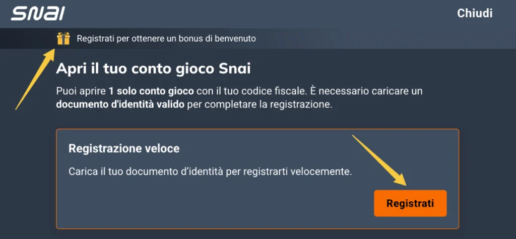 screenshot registrazione snai online