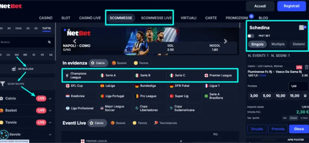 Sezione scommesse NetBet
