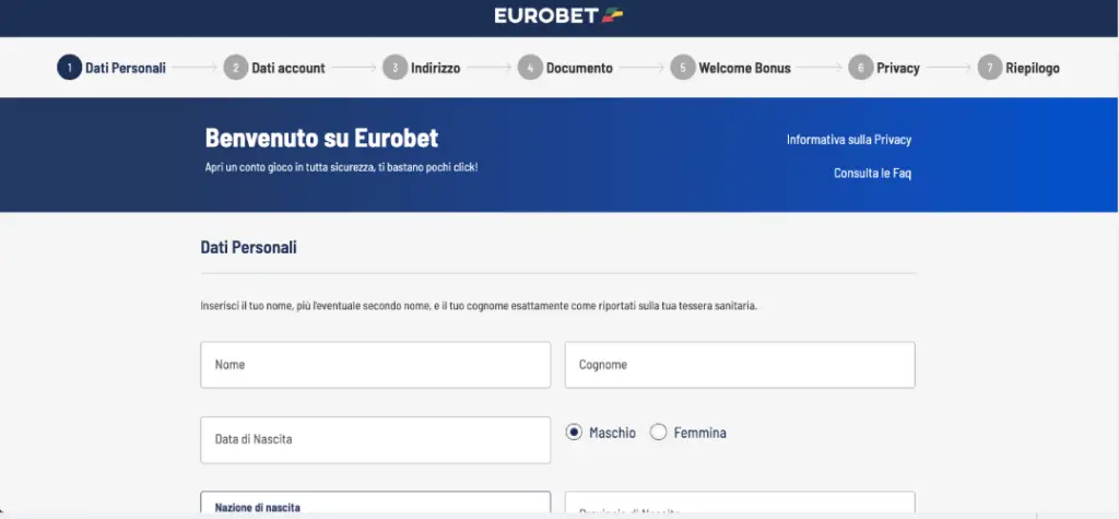 Registrazione Eurobet procedura